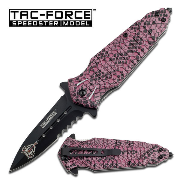 Spring Assist Knife Black Serrated Dagger Pink Cobra - Tophatter's Army Products & Self Defense Collectible Weapons - Tophatter Daily Deals
